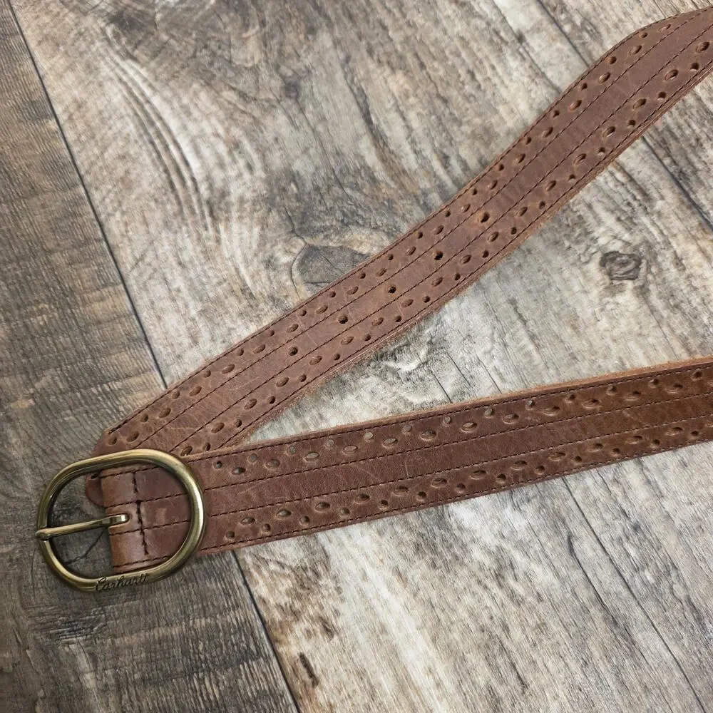 Carhartt Brown Leather Belt XL Perforated Oval Buckle Genuine Cowhide Casual